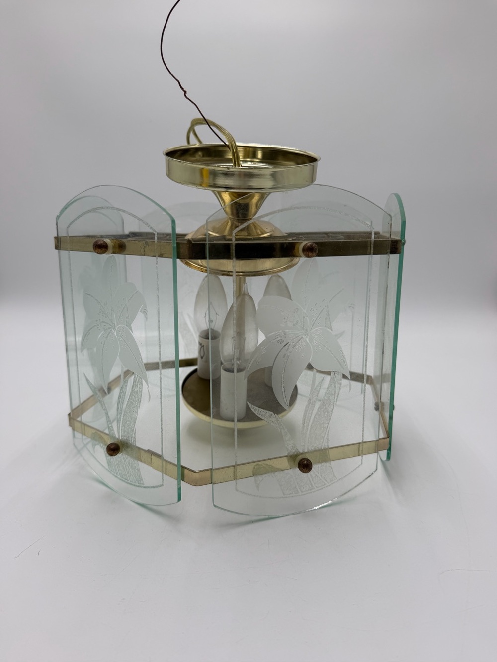 Vintage Brass Etched Glass Floral Ceiling Light Fixture Hollywood Regency 80s